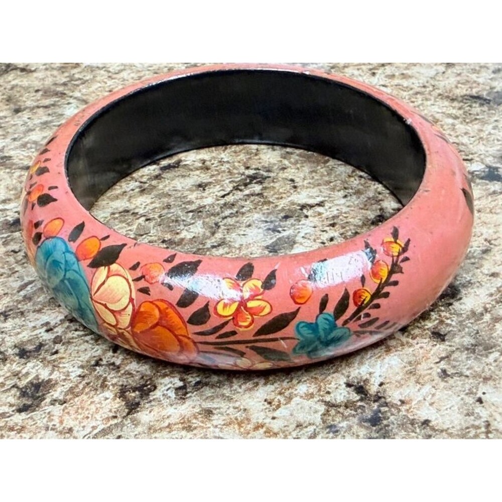 Hand Painted Floral Wooden Bangle Bracelet Pink Folk Art Boho Cottagecore